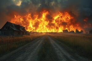 Abandoned house, rural road, massive wildfire burning fields, apocalyptic scene photo