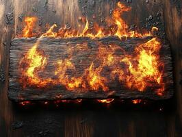 Burning wooden board on dark table with flames background for mockup design photo