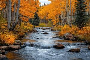 Autumn stream flowing through colorful aspen forest photo