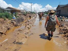 Volunteers wade through flooded street in residential area after disaster photo