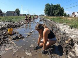 Volunteers clean muddy street after flood, houses in background photo