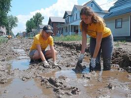 Volunteers clean mud from flooded street in residential area photo