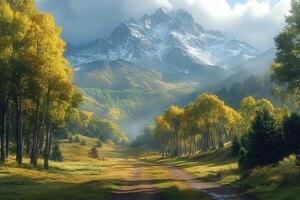 Autumn mountain road through golden aspen grove with sunlit peaks photo