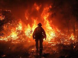 Firefighter battles intense wildfire in burning forest at night photo