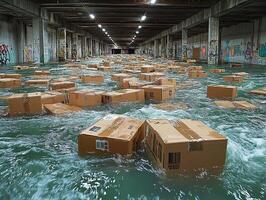 Cardboard boxes floating in flooded graffitied underpass photo