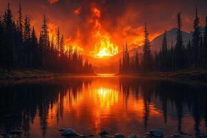Fiery sunset reflected in calm lake amidst mountain forest photo
