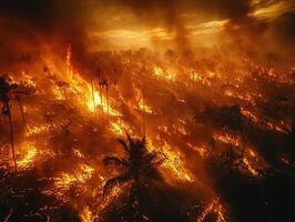 Aerial view of blazing rainforest fire at sunset with smoke plume photo