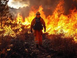 Firefighter battle wildfire in burning forest photo