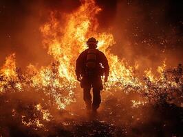 Firefighter battles wildfire in burning forest at night photo