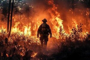 Firefighter battles intense wildfire in burning forest photo