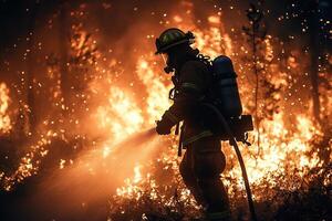 Firefighter battle wildfire in burning forest at night photo