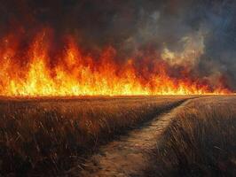 Field fire spreading across dry crops, dark smoky sky, path through burning field photo