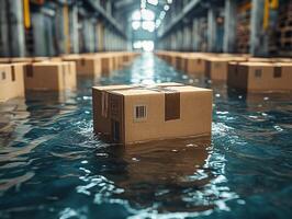 Cardboard boxes floating in flooded warehouse, supply chain disruption photo