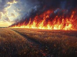 Field fire burning at sunset, smoke clouds billowing photo