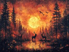 Deer by forest pond under orange moonlit sky with bats photo