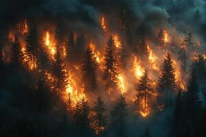 Aerial view of wildfire engulfing forest at night, smoke billows photo