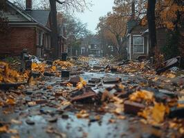 Debris-strewn street after flood in residential area, autumn photo