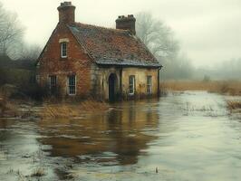 Flooded Abandoned Brick House in Misty Rural Field photo
