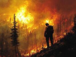 Firefighter observes wildfire burning forest landscape photo