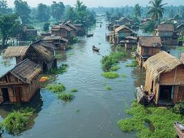 Floating village houses on flooded river, boats navigating, misty forest background photo
