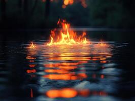 Flames burning on water surface at dusk in forest, mystical effect photo