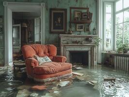 Flooded abandoned room, armchair, fireplace, debris, overgrown garden view photo