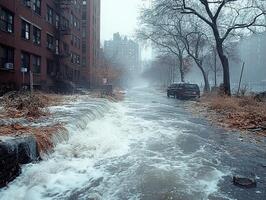 Flooded city street with car, buildings, and trees during storm photo