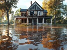 Flooded abandoned house at sunrise, reflecting in still water photo