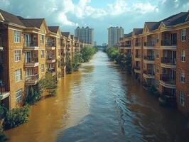 Flooded city river between apartments, cloudy sky backdrop, disaster documentation photo