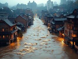 Flooded canal in ancient town, dusk, city backdrop photo