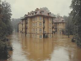 Flooded apartment building by river, overcast sky, trees in background photo