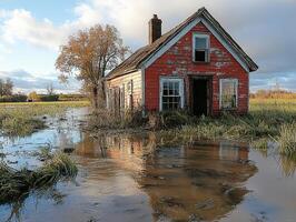 Flooded abandoned red farmhouse in field, reflecting in water under cloudy sky photo