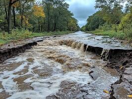 Flooded forest road with eroded edges, autumn trees, cloudy sky photo