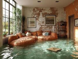 Flooded living room with sofa, exposed brick, window view, and floating debris photo
