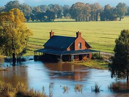 Flooded farmhouse in rural field, reflecting in floodwater, trees in background photo