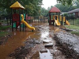 Flooded playground in park after rain, equipment unusable photo