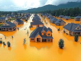 Flooded homes in suburban neighborhood, aerial view, mountains backdrop photo