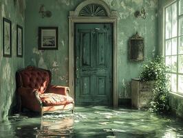 Flooded room with armchair, debris, weathered walls, and doorway photo