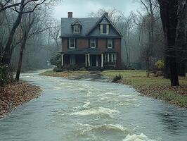 Flooded road by house in autumn woods during storm photo