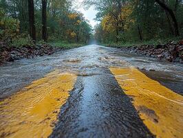 Flooded road in autumn forest during heavy rain photo