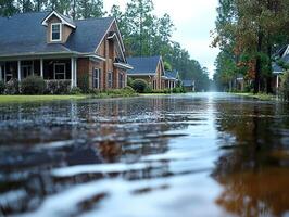 Flooded suburban street with houses, rain, and overcast sky photo
