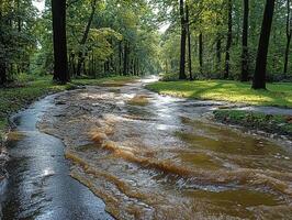 Flooded park path, muddy water flowing, trees, sunny photo