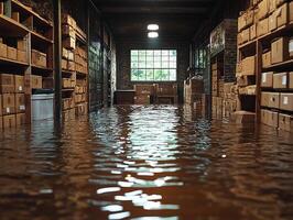Flooded warehouse interior with boxes, window light, water damage photo