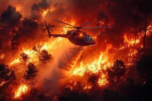 Helicopter fighting wildfire in burning forest photo