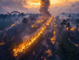 Rainforest fire at sunset, aerial view of deforestation burning photo