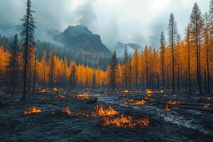 Forest fire burning in mountains with smoke photo
