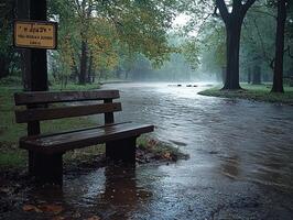 Park bench by flooded river in rain, autumn leaves, misty background photo