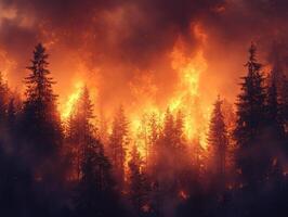 Forest fire engulfing trees at night, smoke-filled sky photo