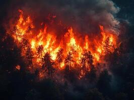 Forest fire engulfing trees at night, smoke fills sky photo