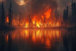 Forest fire reflected in lake with smoke-filled sky photo